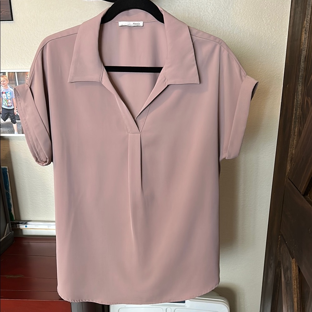Pink Notched Collar Blouse with Short Sleeves